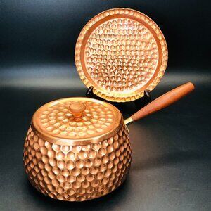 Vintage Hammered Copper Fondue Pot with Lid and Underplate Set MCM Teak Handle